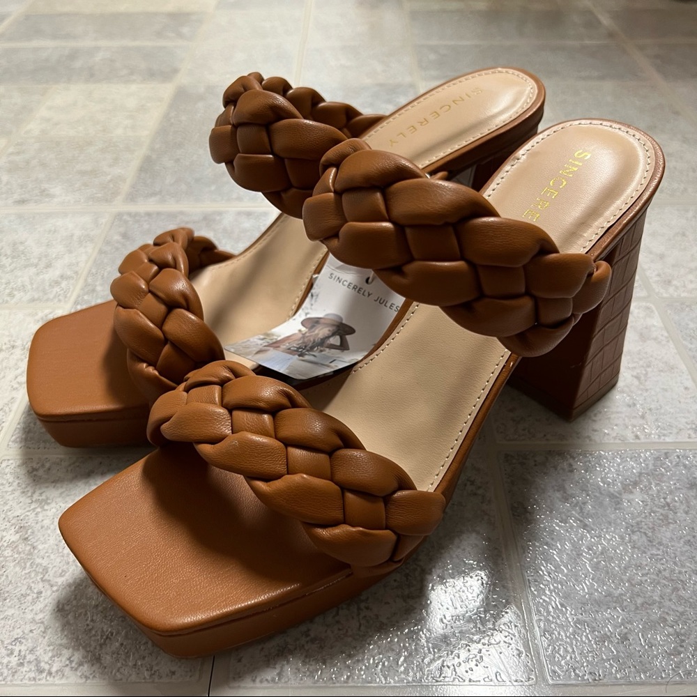 New Sincerely Jules Aurora Braided Block High Heel Brown Platform Sandals